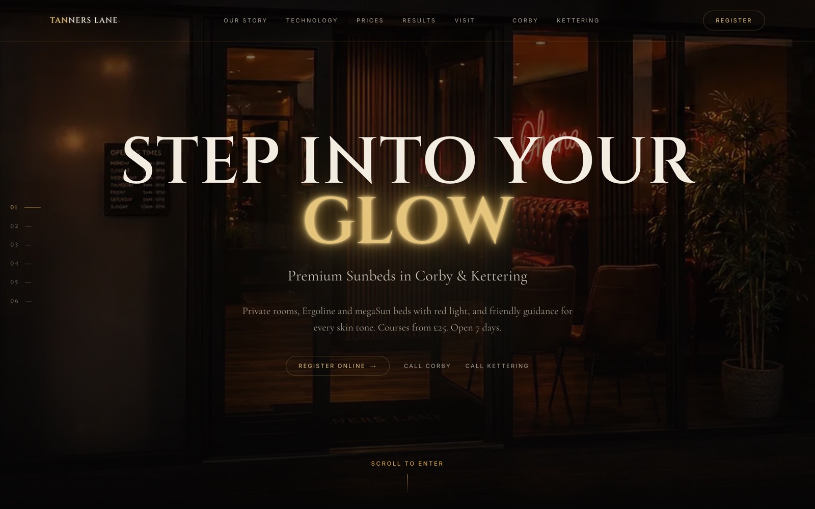 Website homepage designed for Tanners Lane, a premium sunbed and tanning studio in Corby and Kettering